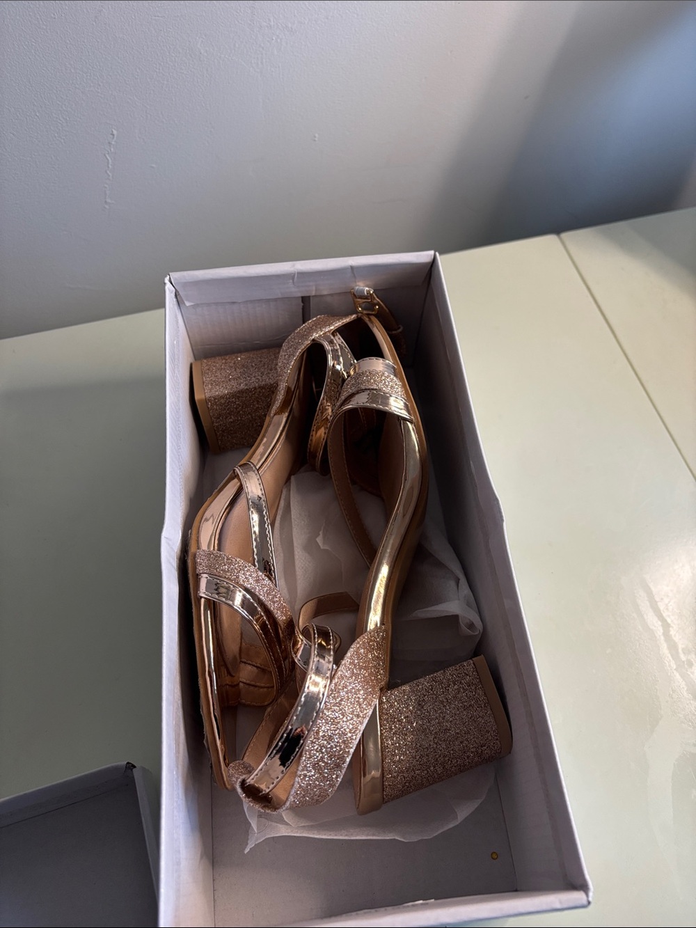 Metallic Rose Gold Strappy Low Block Heel Sandals - Picture 3 of 7
